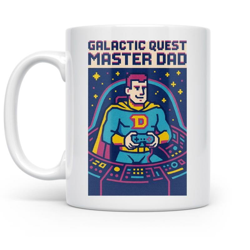 Tailorly White Ceramic 11 oz Mug - Galactic Quest Master Dad Retro Pixel Father Figure Gaming Within Detailed Spacecraft Cockpit Superhero