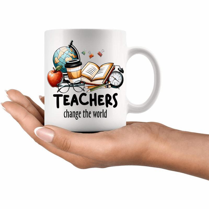 Tailorly White Ceramic 11 oz Mug - Teachers Change The World Inspirational Educational Elements With Globe And Apple Books Teacher