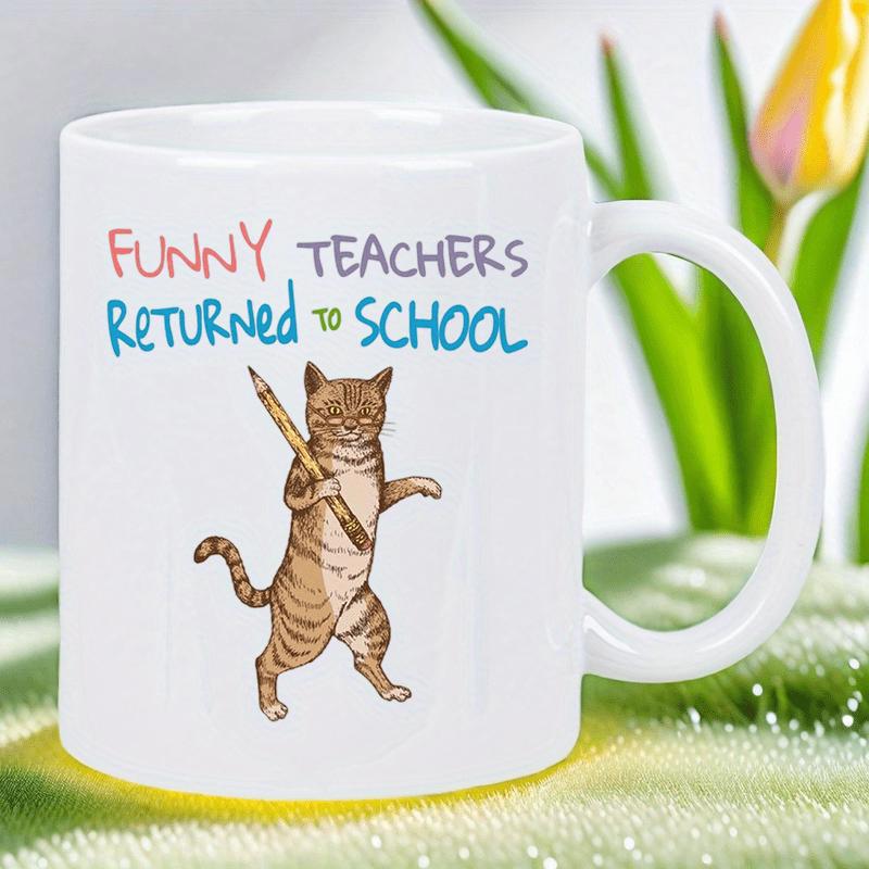 Tailorly White Ceramic 11 oz Mug - Funny Teachers Returned To School Hand Drawn Whimsical Striped Tabby Standing While Holding A Large Pencil Cat