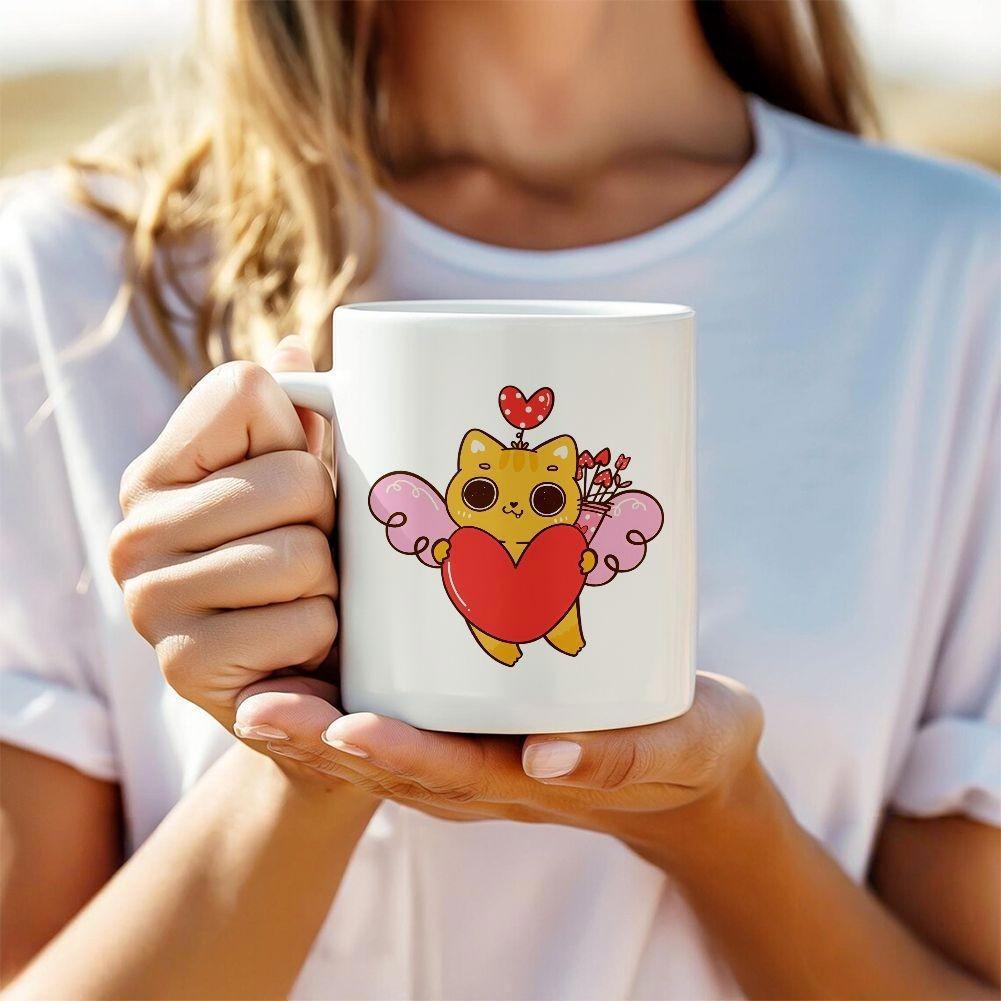 Tailorly White Ceramic 11 oz Mug - Adorable Golden Kitten With Pink Wings Holding Large Red Heart Cupid Cat