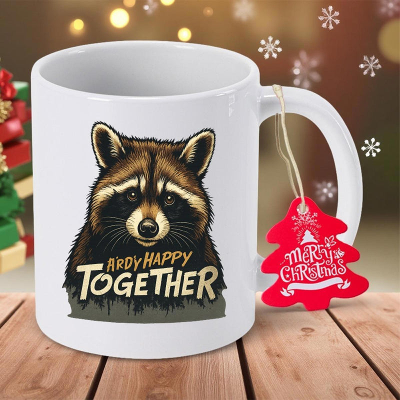 Tailorly White Ceramic 11 oz Mug - Andy Happy Together Detailed Furry Creature With Masked Eyes Sitting Calmly Raccoon