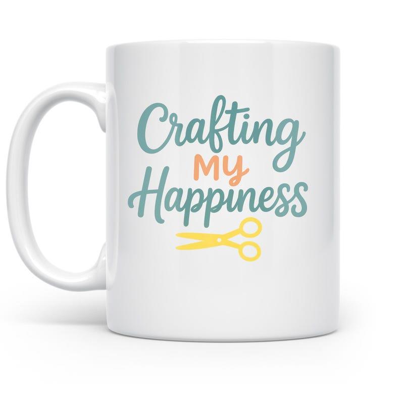 Tailorly White Ceramic 11 oz Mug - Crafting My Happiness Yellow Cutting Tool Placed Under Script Text Showing Hobby Passion Scissors