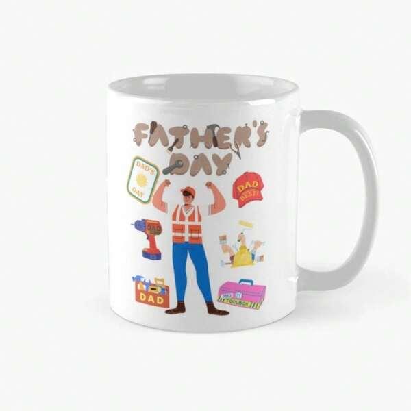 Tailorly White Ceramic 11 oz Mug - Father's Day Best Dad Strong Construction Worker Holding Tools Surrounded By Happy Holiday Celebration Elements Man