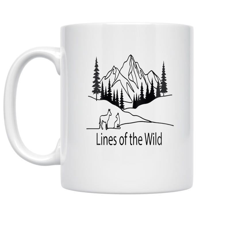 Tailorly White Ceramic 11 oz Mug - Lines Of The Wild Majestic Peaks Among Tall Pine Trees With Animal Silhouette Outlines Mountain