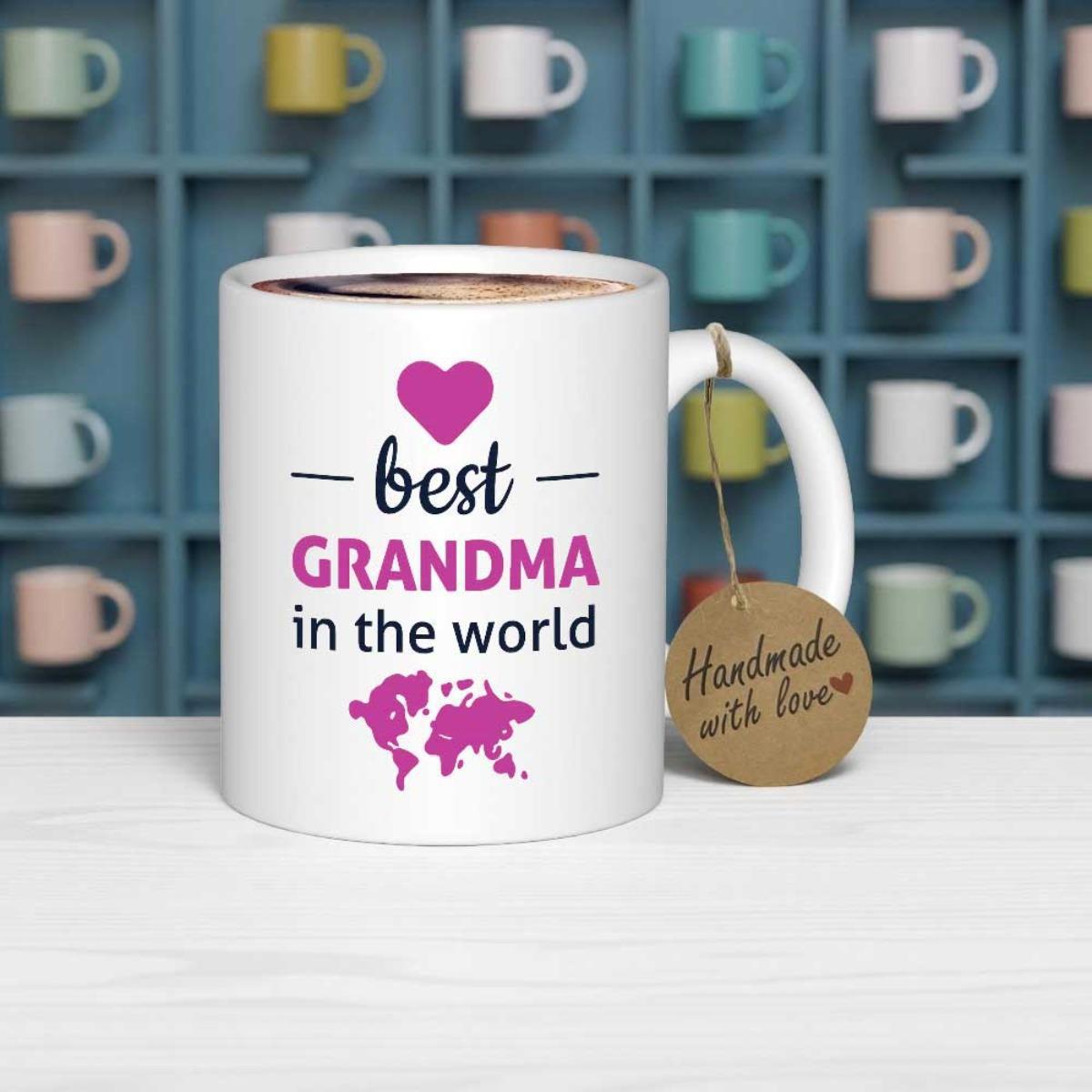 Tailorly White Ceramic 11 oz Mug - Best Grandma In The World Featuring A Vibrant Pink Heart Above A Detailed World Map Artistic Ceramic Mug