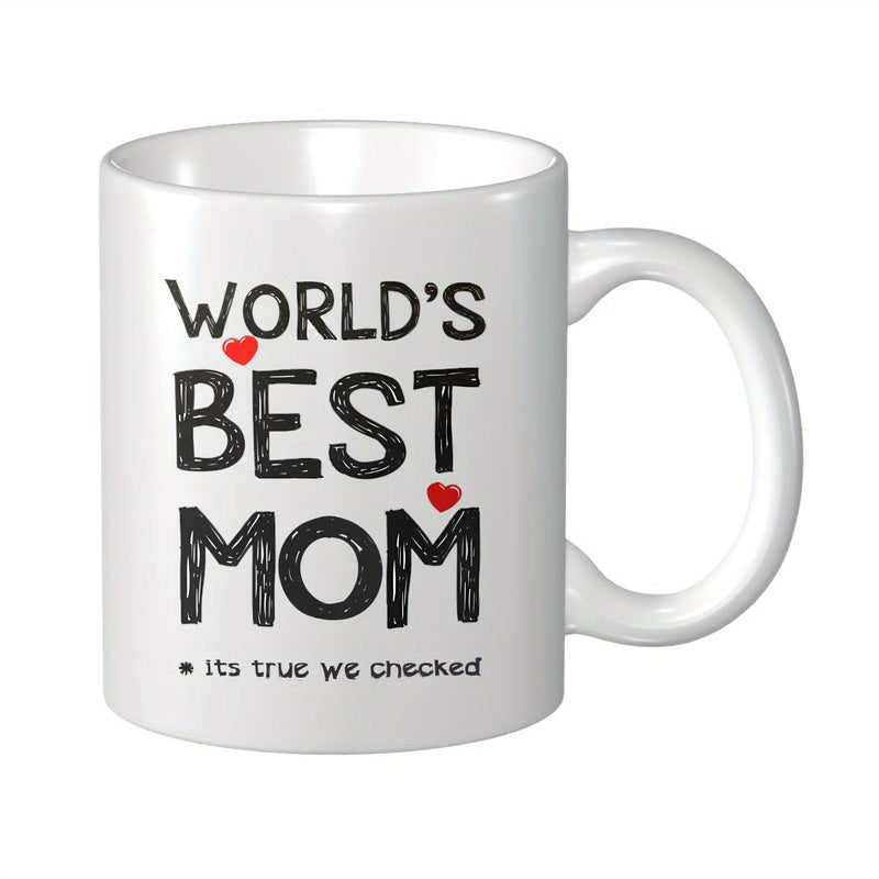 Tailorly White Ceramic 11 oz Mug - World's Best Mom Its True We Checked Minimalist White Ceramic With Artistic Text And Tiny Red Hearts Mug