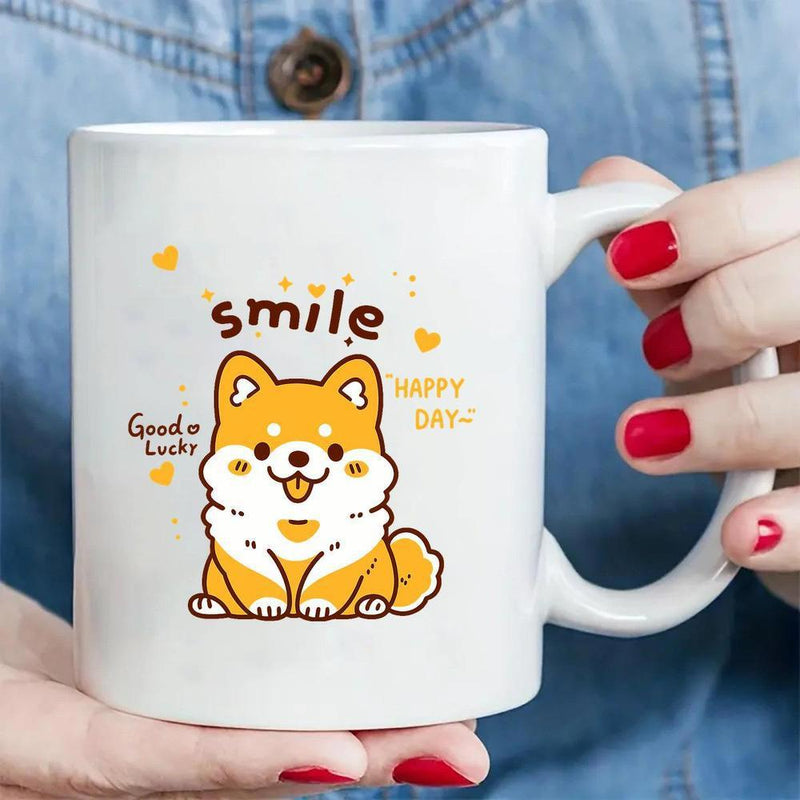 Tailorly White Ceramic 11 oz Mug - Smile Good Lucky Happy Day Adorable Cartoon Dog Sitting Among Small Yellow Hearts And Joyful Greetings Dog
