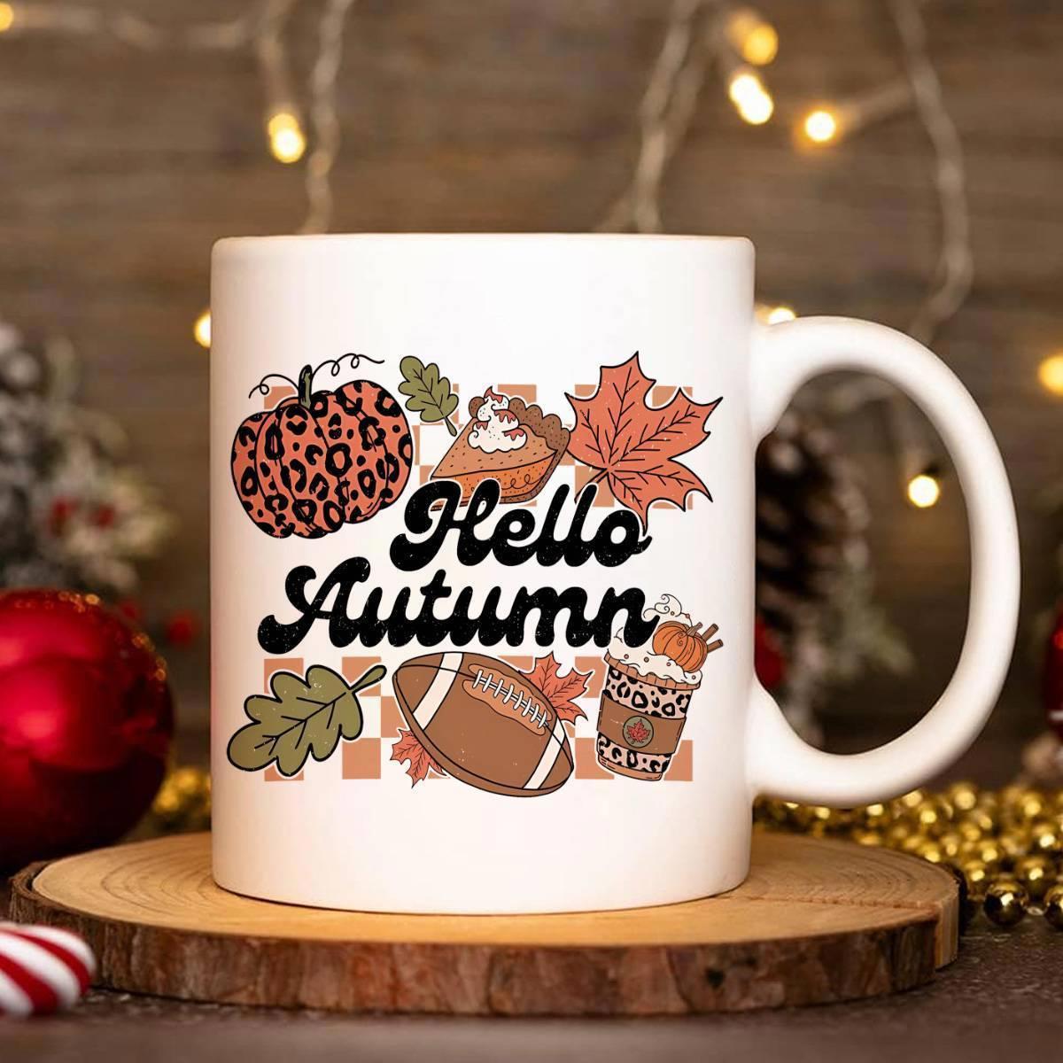 Tailorly White Ceramic 11 oz Mug - Hello Autumn Leopard Pattern Pumpkin Among Autumn Leaves And American Style Football Mug