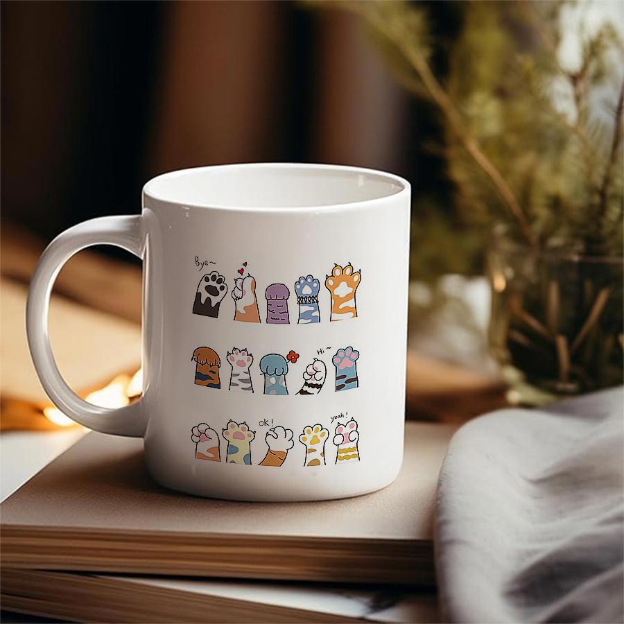 Tailorly White Ceramic 11 oz Mug - Hand Drawn Colorful Cartoon Kitten Paws Arrayed In Rows Paw