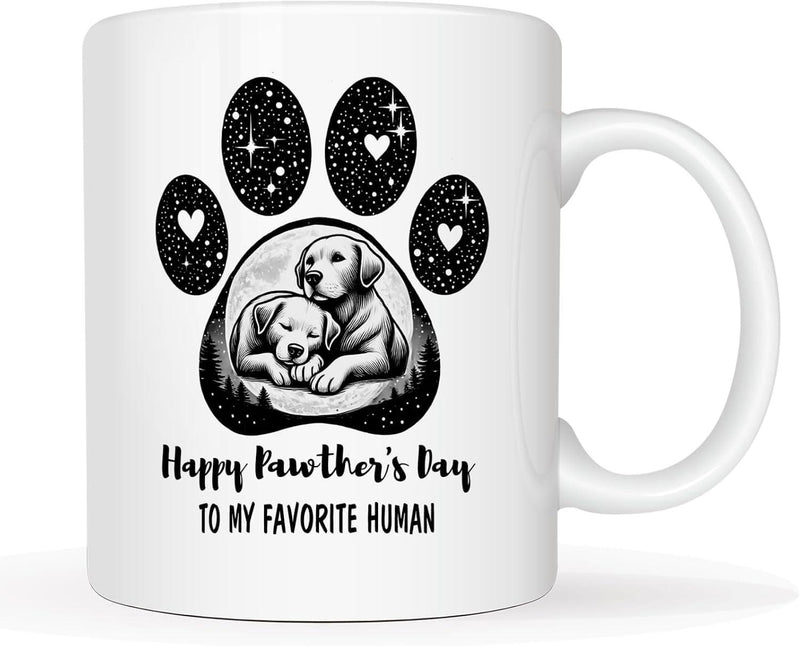 Tailorly White Ceramic 11 oz Mug - Happy Pawther's Day To My Favorite Human Artistic Paw Print Featuring Two Puppies Nestled Beneath Sparkling Starry Night Paw