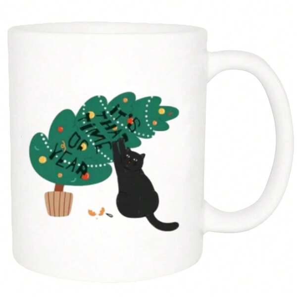 Tailorly White Ceramic 11 oz Mug - Its That Time Of Year Playful Black Cat Climbing A Decorated Festive Green Christmas Tree Cat