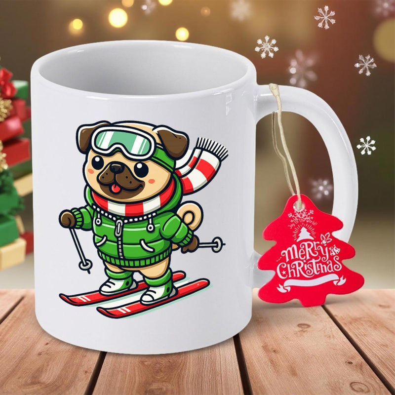 Tailorly White Ceramic 11 oz Mug - Merry Christmas Adorable Winter Dog Wearing Ski Gear Gliding Down Snowy Slopes Pug