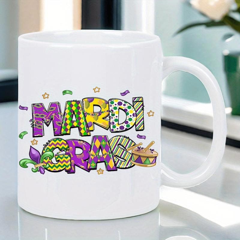 Tailorly White Ceramic 11 oz Mug - Mardi Gras Festive Patterns With Traditional Symbols And Vibrant Purple Green Gold Fleur De Lis