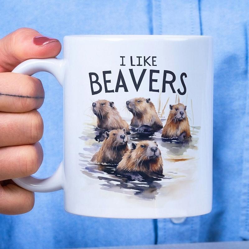 Tailorly White Ceramic 11 oz Mug - I Like Beavers Gentle Wild Animals Swimming Gracefully Together In A Natural River Stream Beavers