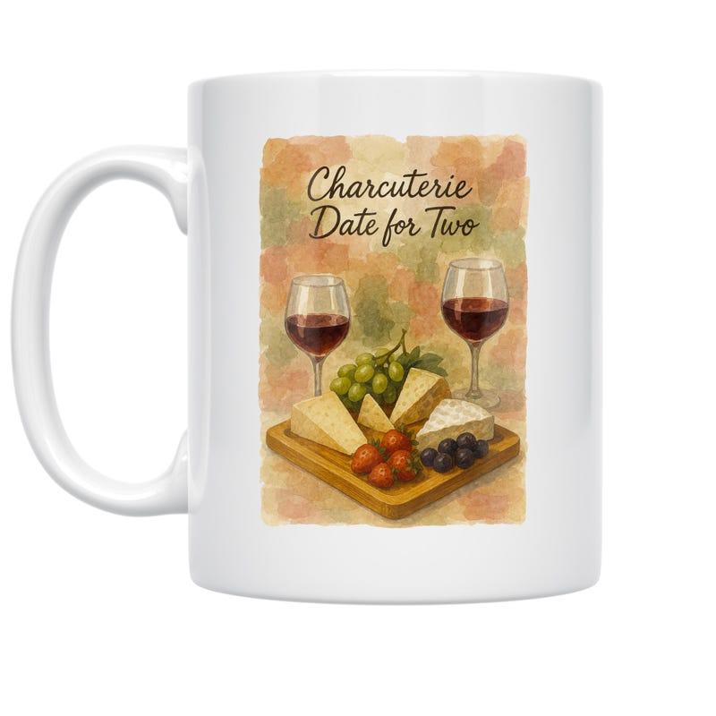 Tailorly White Ceramic 11 oz Mug - Charcuterie Date For Two Rustic Wooden Board With Assorted Cheese Grapes And Red Wine Glasses Charcuterie