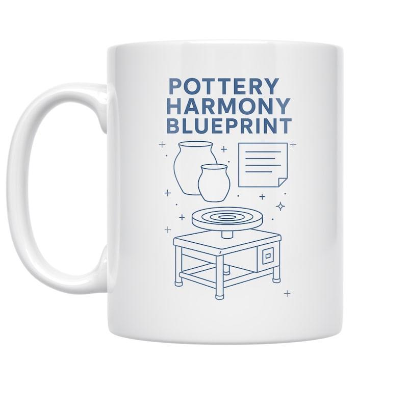 Tailorly White Ceramic 11 oz Mug - Pottery Harmony Blueprint Minimalist Blue Line Art Showing Crafting Tools And Finished Ceramic Vases On Workbench