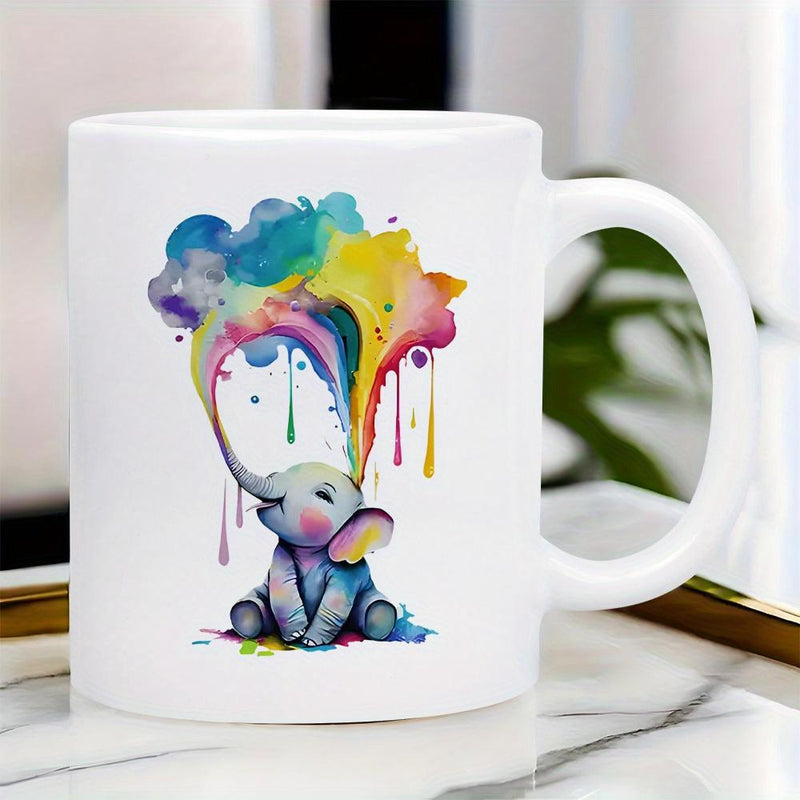 Tailorly White Ceramic 11 oz Mug - Adorable Sitting Watercolor Rainbow Paint Spraying Out Of Trunk Elephant
