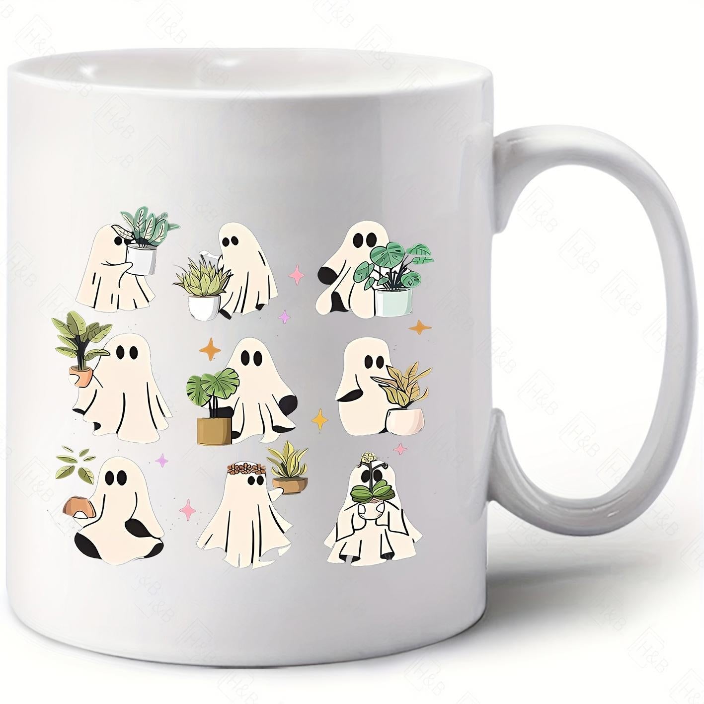 Tailorly White Ceramic 11 oz Mug - Adorable Collection Of Friendly Cartoon Spirits Holding Green Indoor Potted Ghost