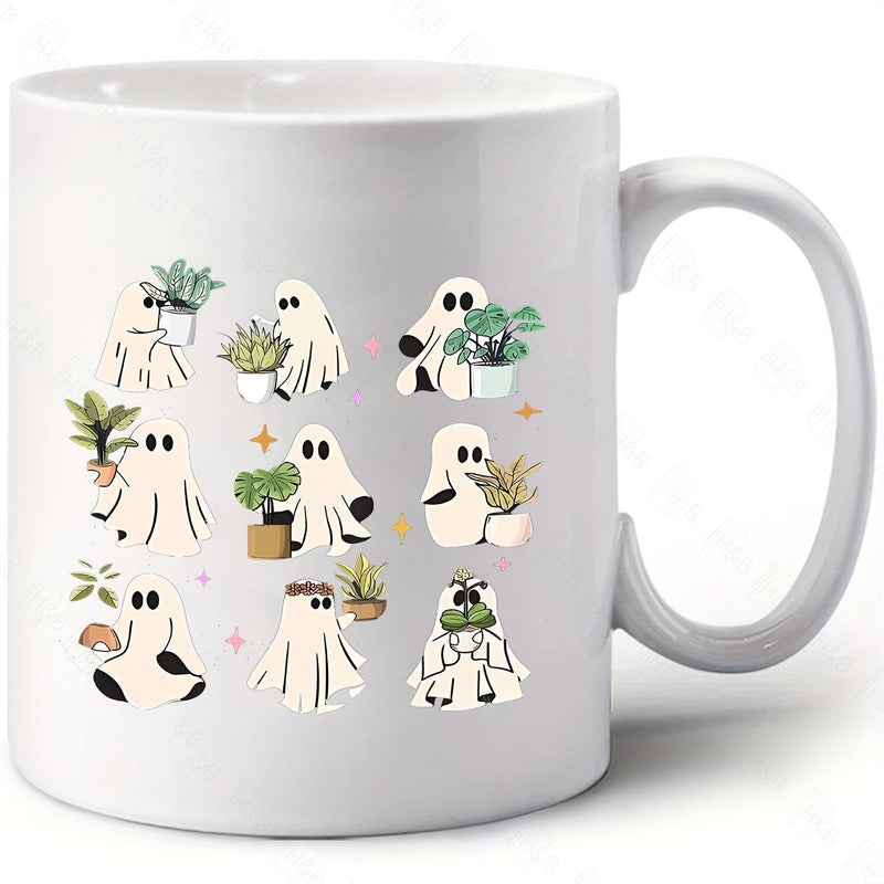 Tailorly White Ceramic 11 oz Mug - Adorable Collection Of Friendly Cartoon Spirits Holding Green Indoor Potted Ghost