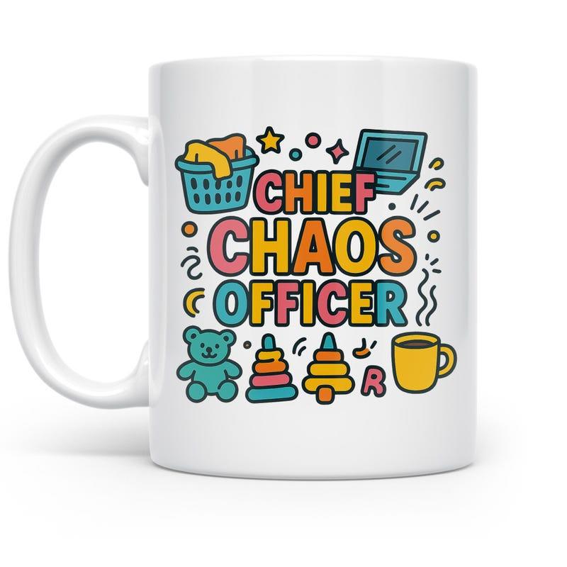 Tailorly White Ceramic 11 oz Mug - Chief Chaos Officer Vibrant Hand Drawn Domestic Objects Including Teddy Bear And Stacking Toy Graphic