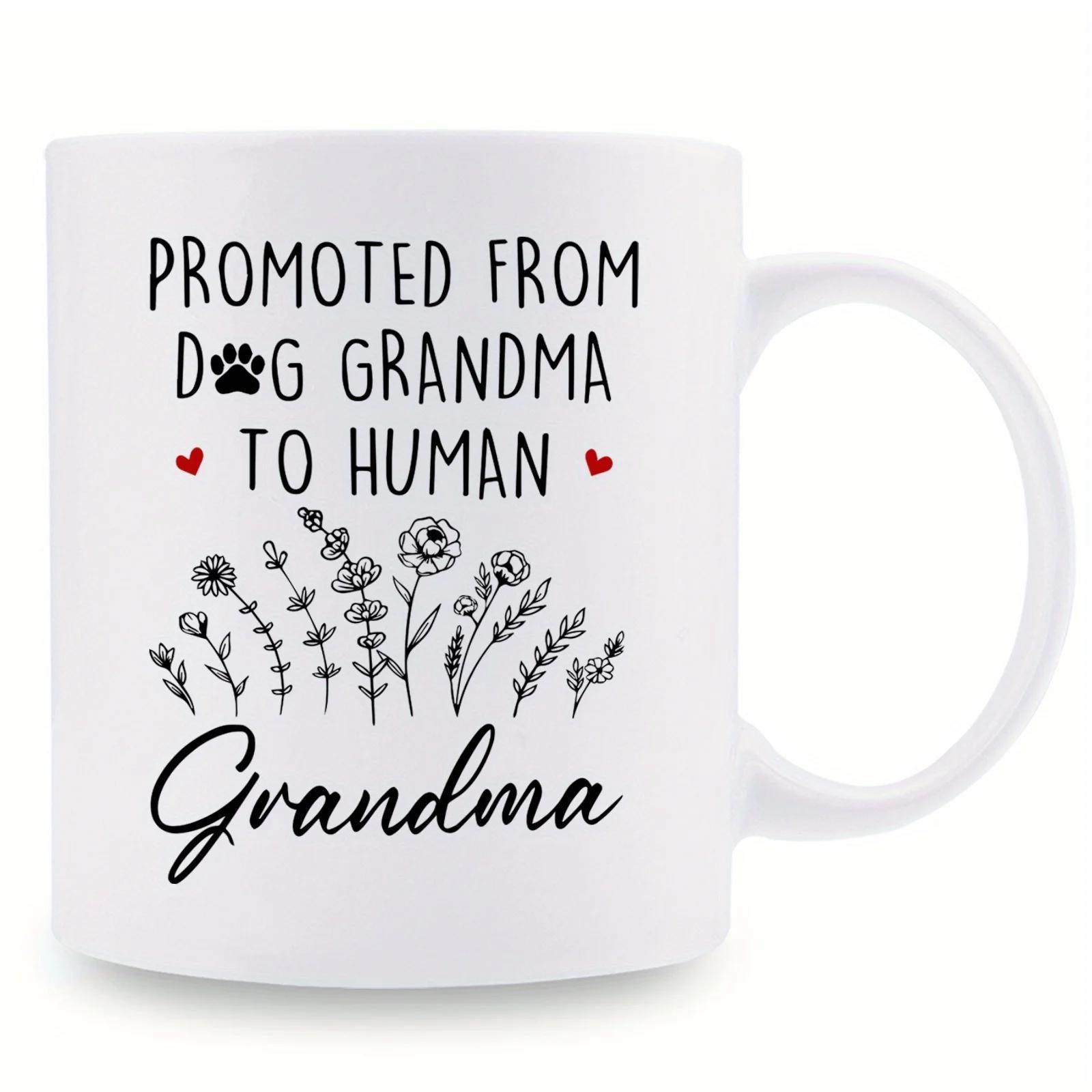Tailorly White Ceramic 11 oz Mug - Promoted From Dog Grandma To Human Grandma Delicate Line Art Style Floral Garden Flourishing With Tiny Red Hearts Wildflower