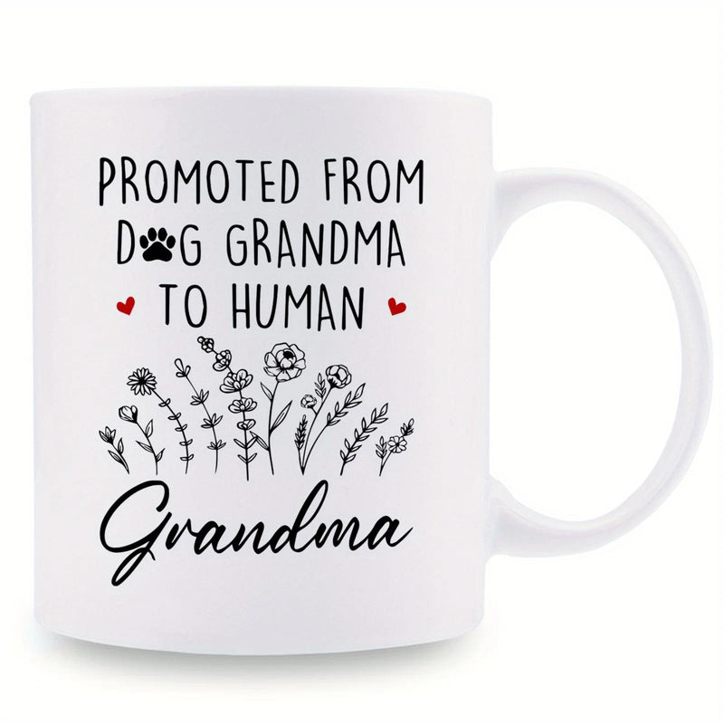 Tailorly White Ceramic 11 oz Mug - Promoted From Dog Grandma To Human Grandma Delicate Line Art Style Floral Garden Flourishing With Tiny Red Hearts Wildflower