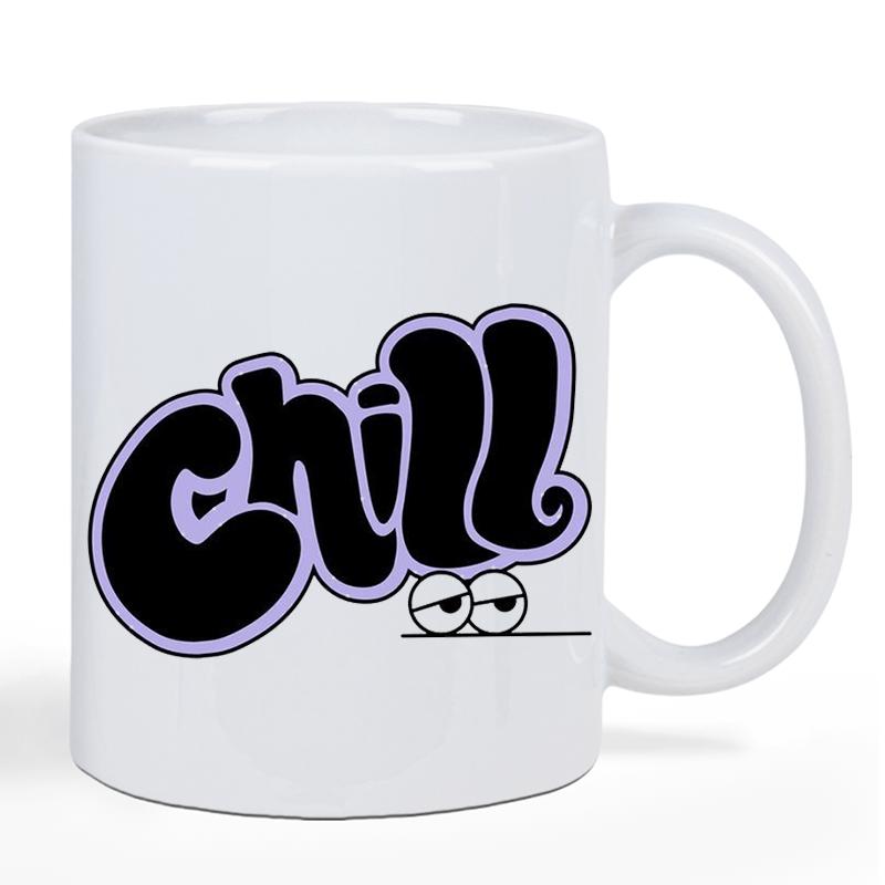 Tailorly White Ceramic 11 oz Mug - Chill Retro Bubble Letters With Sleepy Eyes Peeking Over Horizontal Line Text