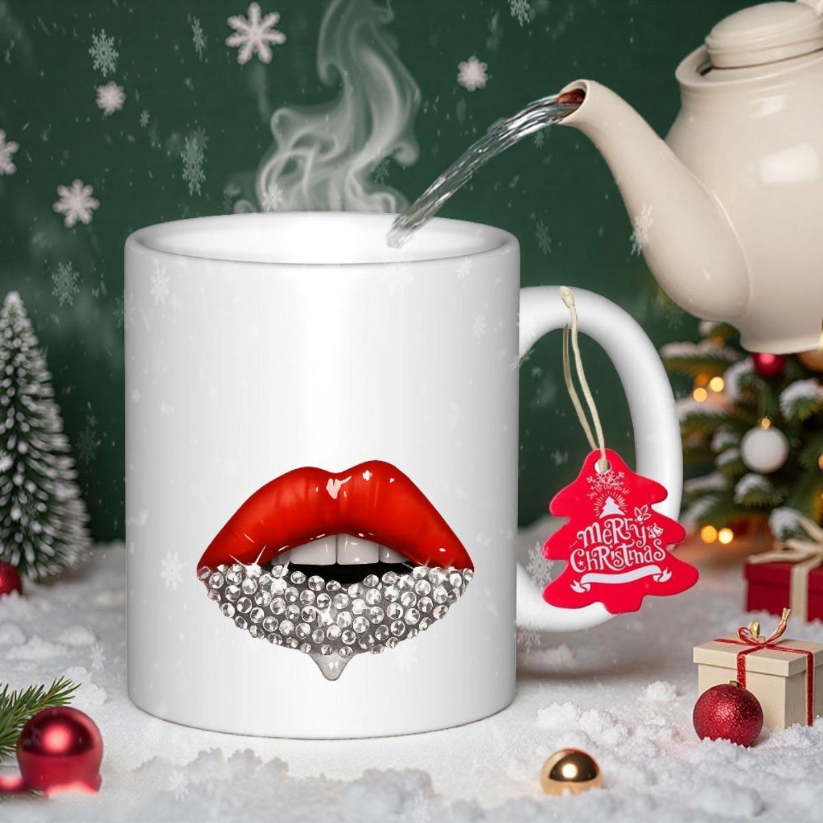 Tailorly White Ceramic 11 oz Mug - Elegant Glossy Red Christmas Lips Decorated With Sparkling White Diamond Crystals Lips