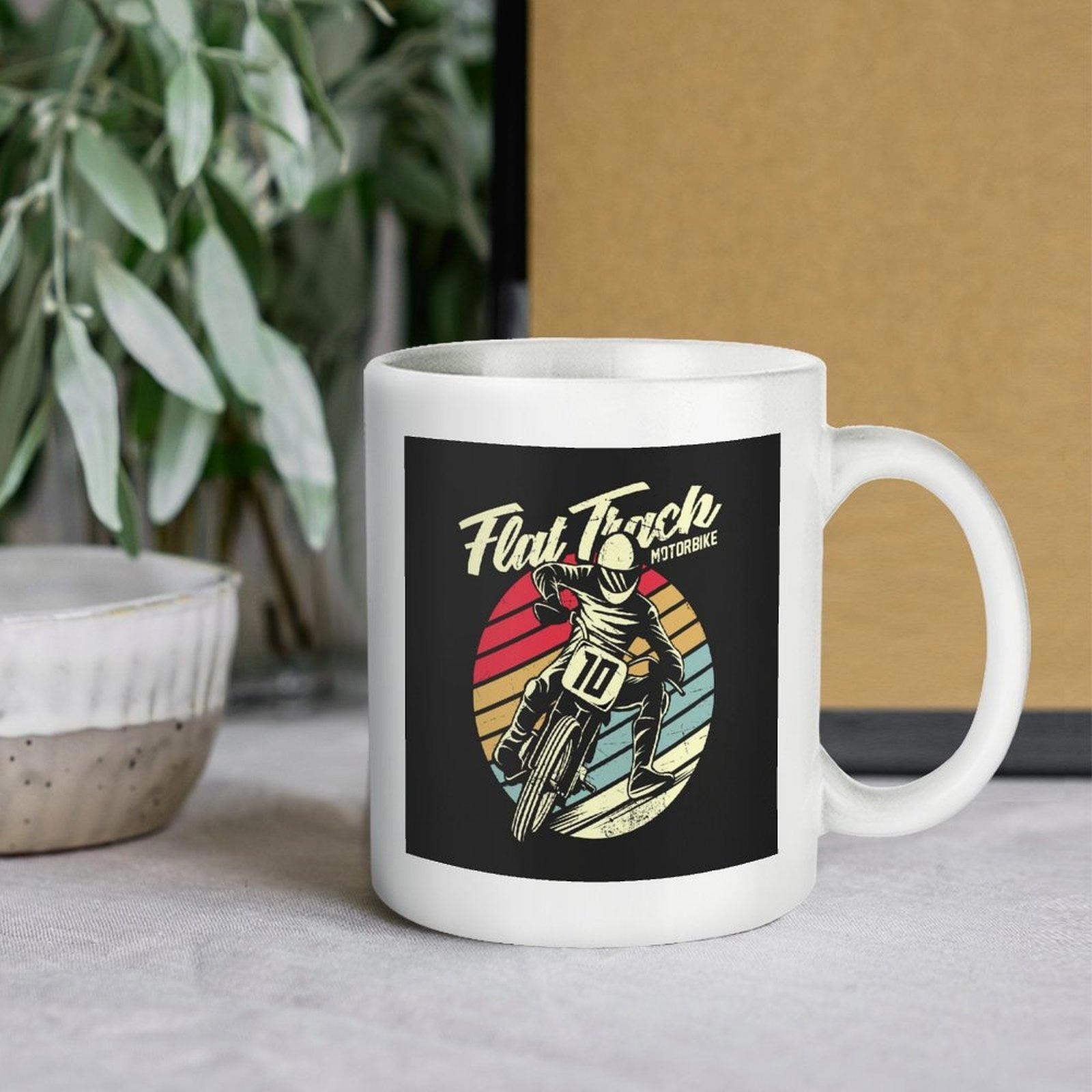 Tailorly White Ceramic 11 oz Mug - Flat Track Motorbike Vintage Retro Sunset Circle With Professional Racer Speeding On A Dirt Motorcycle