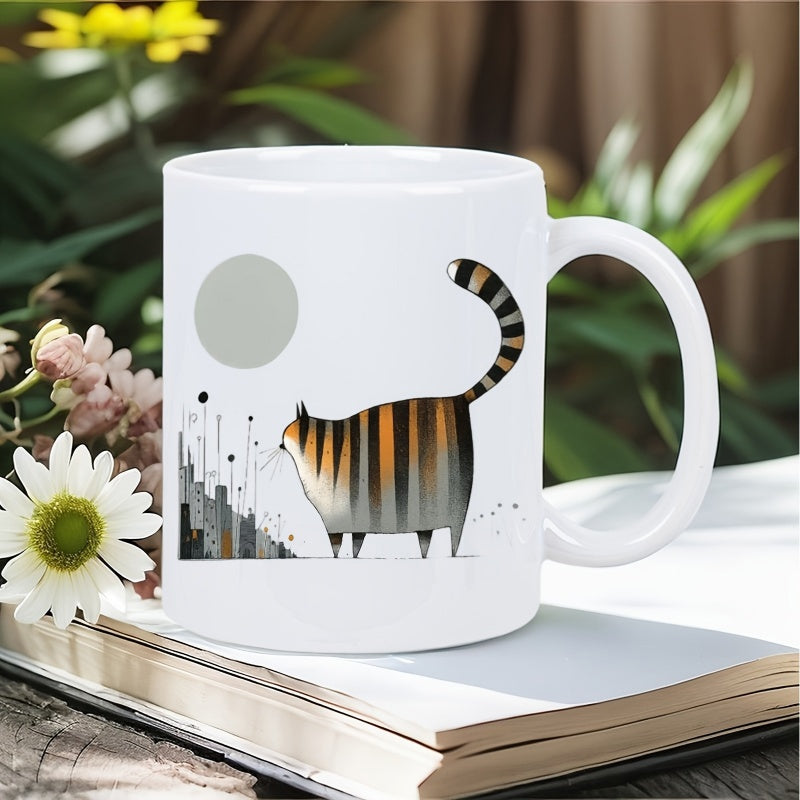 Tailorly White Ceramic 11 oz Mug - Minimalist Stylized Fat Striped Feline Standing Beside Abstract Plants Under Round Moon Cat