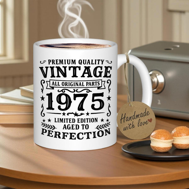 Tailorly White Ceramic 11 oz Mug - Premium Quality Vintage All Original Parts 1975 Limited Edition Aged To Perfection Retro Classic Vintage Style Label With Bold
