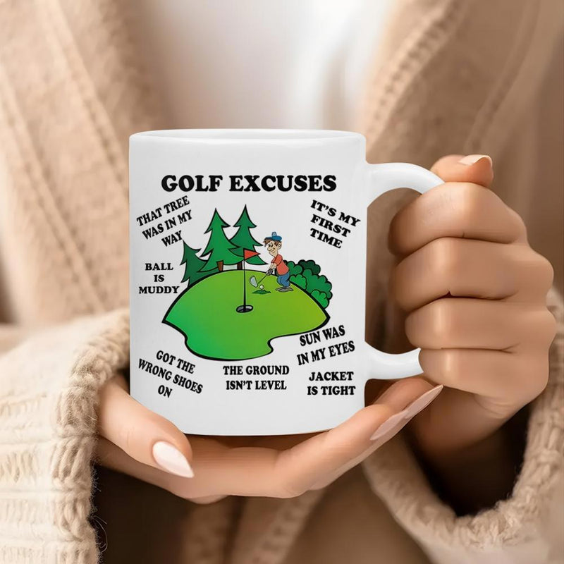 Tailorly White Ceramic 11 oz Mug - Golf Excuses Cartoon Golfer Standing On Green Fairway Among Pine Trees Golfer