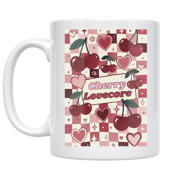 Tailorly White Ceramic 11 oz Mug - Cherry Lovecore Vibrant Pink Hearts With Red Cherries Scattered Over Checkerboard Pattern Cherry