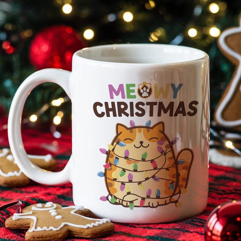 Tailorly White Ceramic 11 oz Mug - Meowy Christmas Adorable Chubby Orange Cat Wrapped In Festive Colorful String Lights Cat