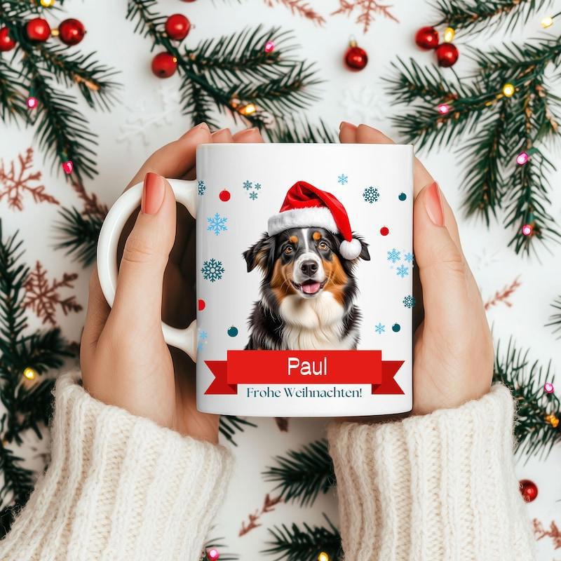 Tailorly White Ceramic 11 oz Mug - Paul Festive Christmas Australian Shepherd Wearing Red Santa Hat Among Snowflakes Dog