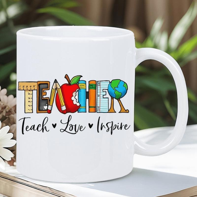 Tailorly White Ceramic 11 oz Mug - Teacher Teach Love Inspire Educational School Supplies Featuring A Red Apple Pencil And Globe Design