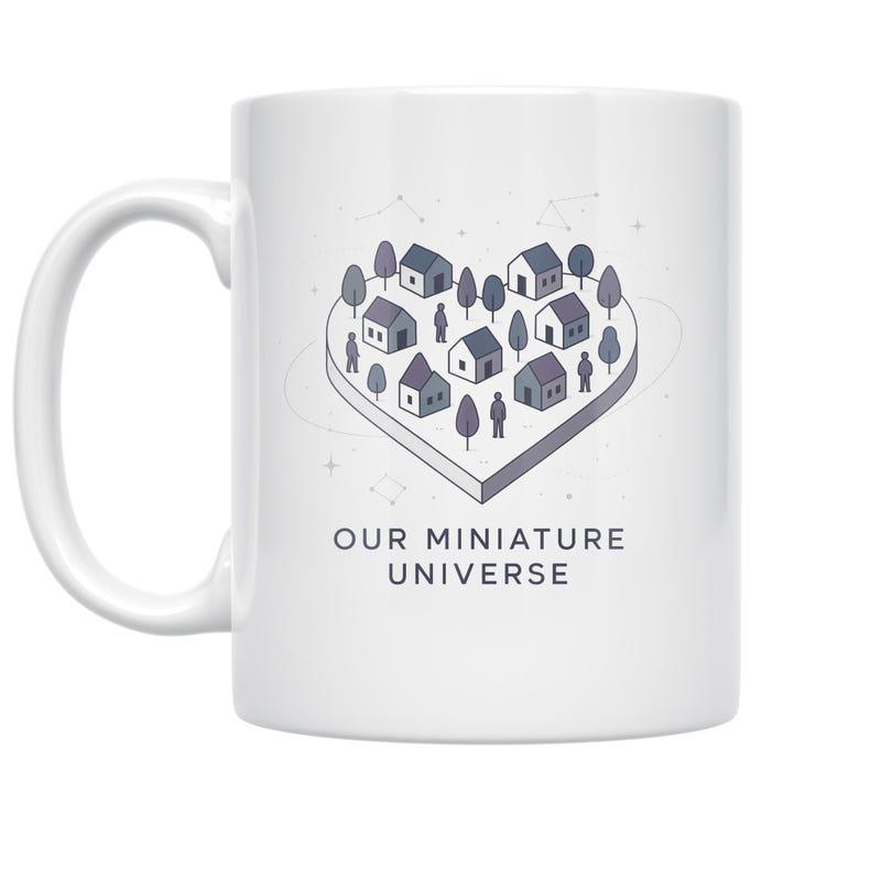 Tailorly White Ceramic 11 oz Mug - Our Miniature Universe Heart Shaped Island With Tiny Houses And Scattered Small Trees Village