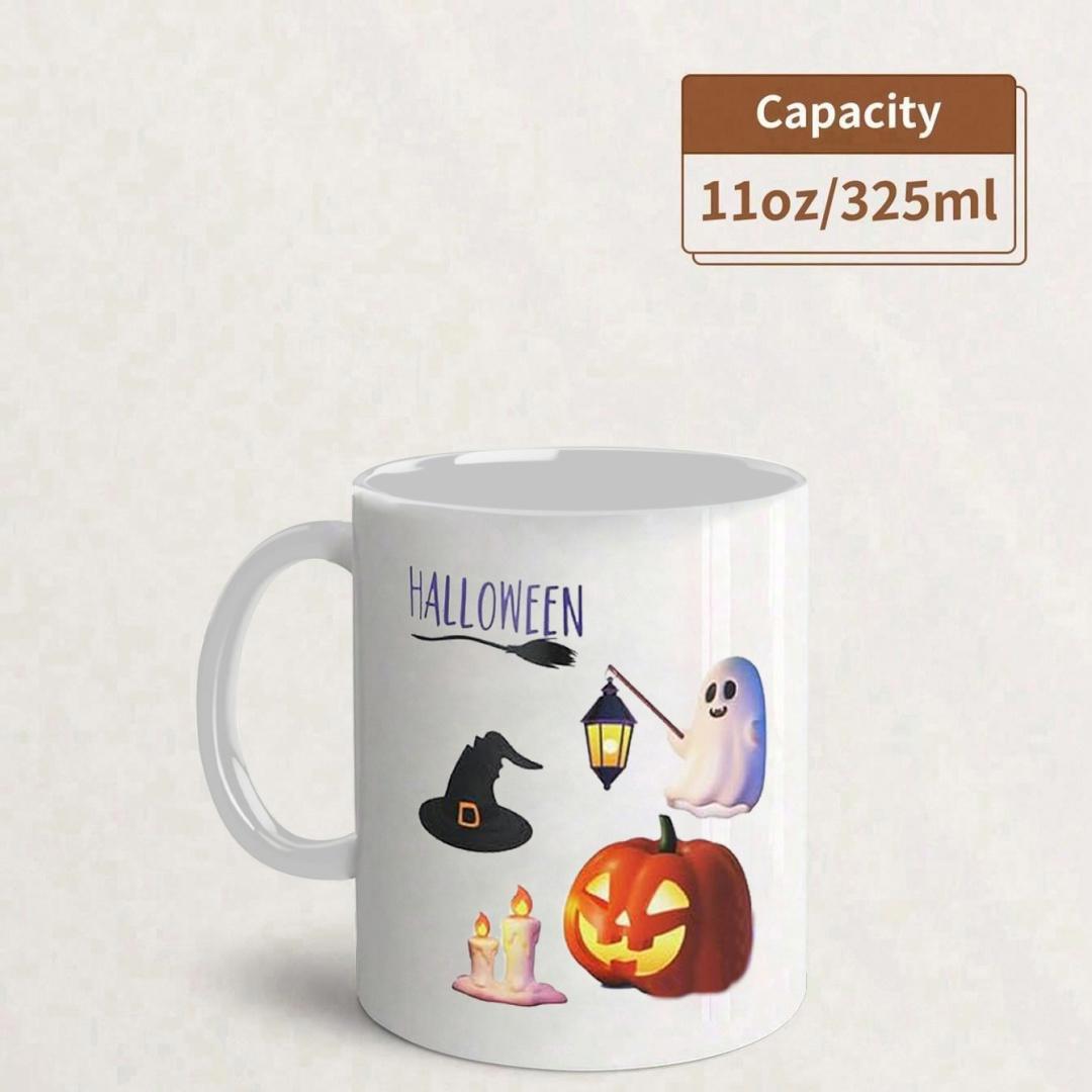 Tailorly White Ceramic 11 oz Mug - Halloween Spooky Elements Featuring A Ghost Holding A Lantern And Carved Pumpkin Mug