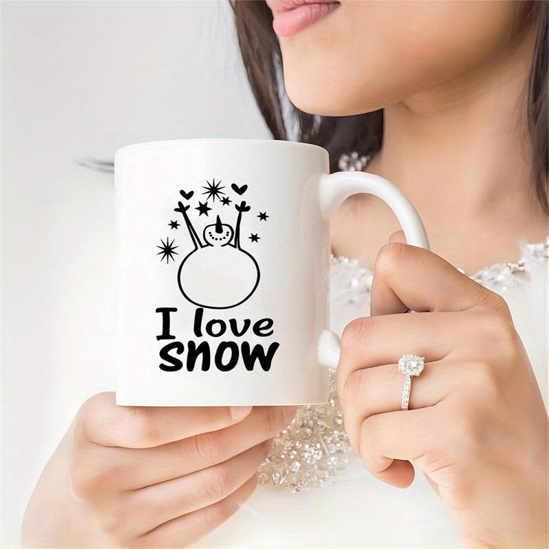 Tailorly White Ceramic 11 oz Mug - I Love Snow Joyful Minimalist Snowman Raising Hands Surrounded By Delicate Hearts And Stars Snowman