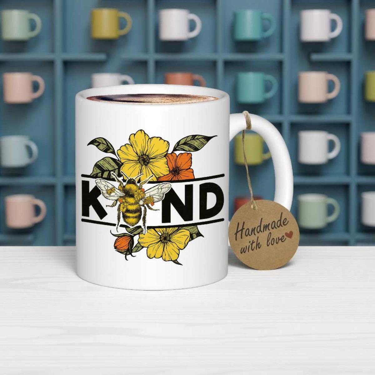 Tailorly White Ceramic 11 oz Mug - Kind Vibrant Yellow Flowers With A Detailed Flying Honey Bee Among Leaves Bee