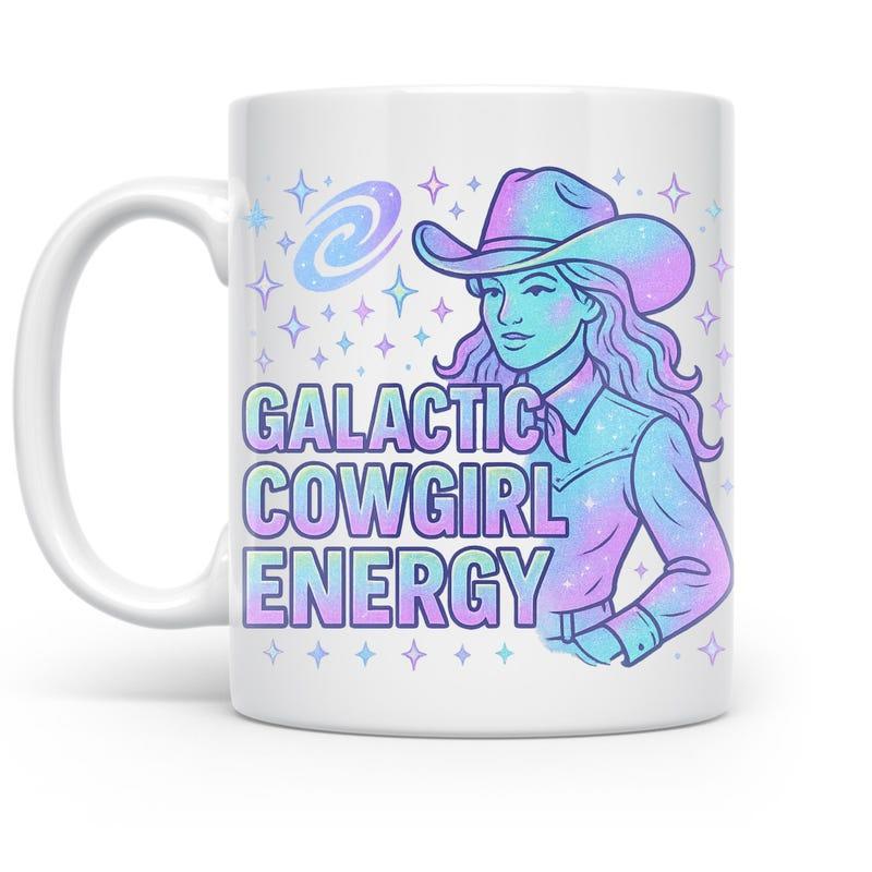 Tailorly White Ceramic 11 oz Mug - Galactic Cowgirl Energy Vibrant Pastel Illustration Featuring Cosmic Stars And Stylized Space Cowgirl