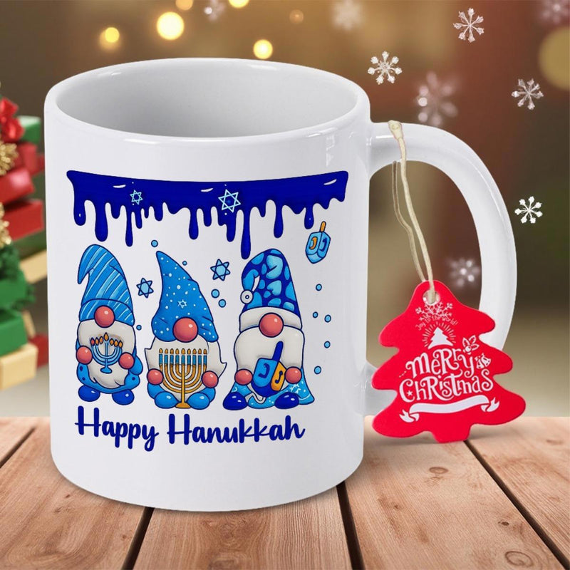 Tailorly White Ceramic 11 oz Mug - Happy Hanukkah Three Blue Festive Gnomes Celebrating Under Starry Dripping Winter Snow Gnome