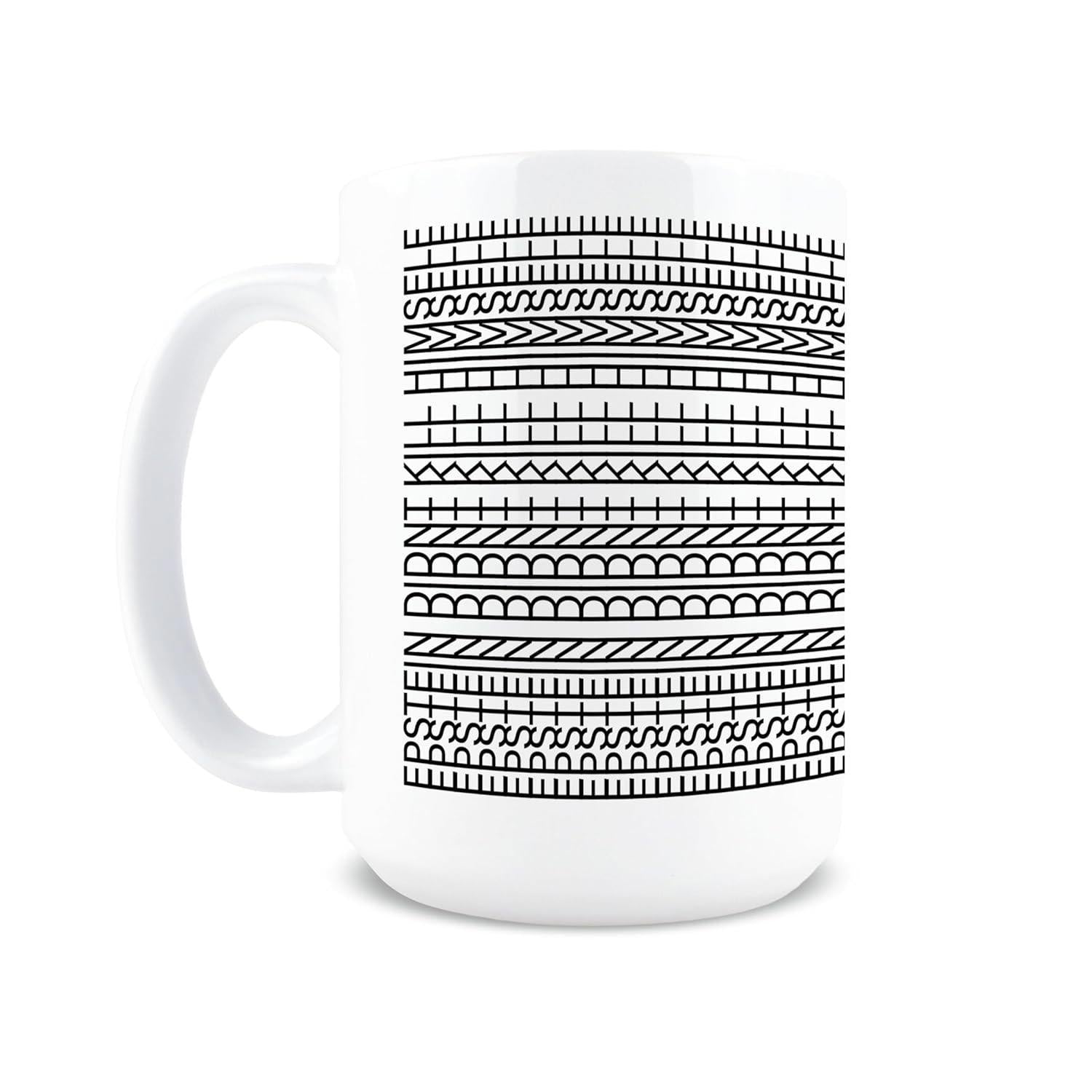 Tailorly White Ceramic 11 oz Mug - Horizontal Minimalist Tribal Bands With Black Ink Geometric Hand Drawn Style Pattern