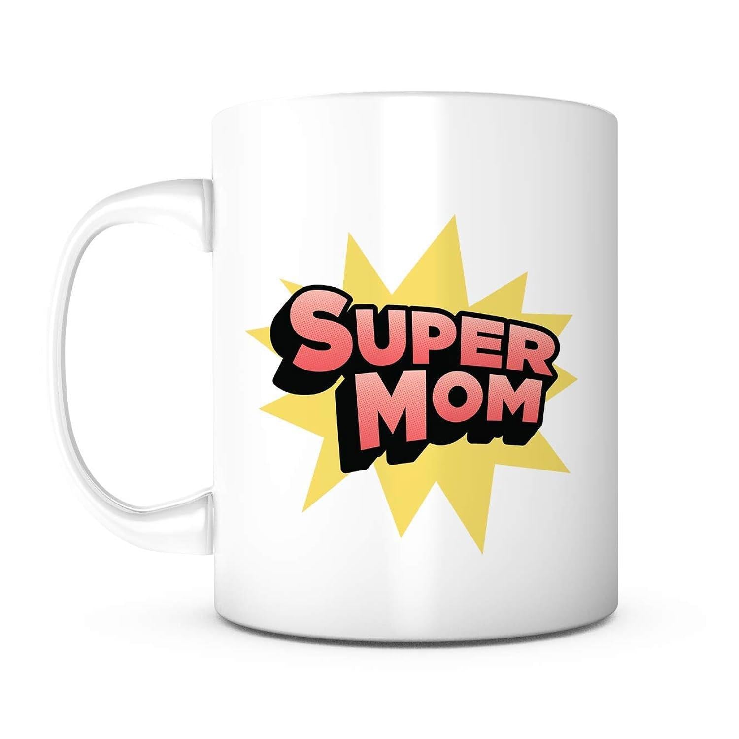 Tailorly White Ceramic 11 oz Mug - Super Mom Vibrant Yellow Starburst Graphic Featuring Pink Bold Comic Style Letters Mug