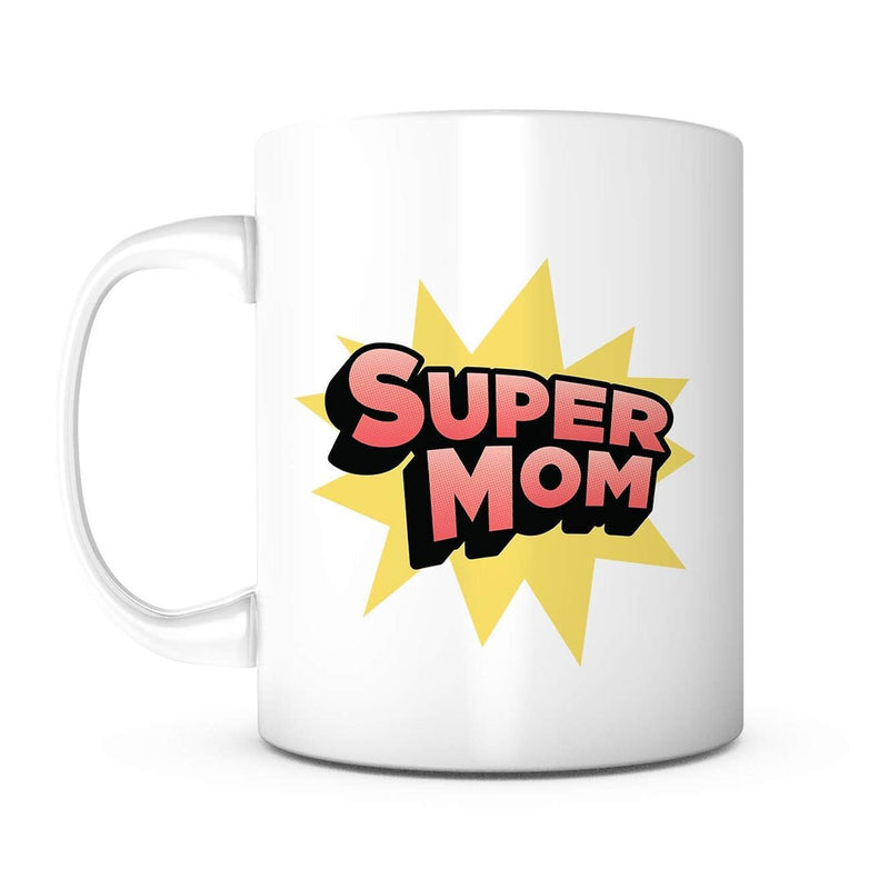 Tailorly White Ceramic 11 oz Mug - Super Mom Vibrant Yellow Starburst Graphic Featuring Pink Bold Comic Style Letters Mug