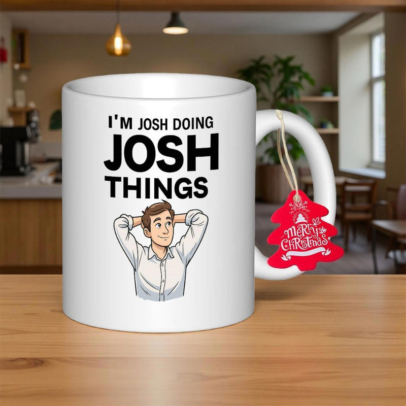 Tailorly White Ceramic 11 oz Mug - Im Josh Doing Josh Things Minimalist Relaxed Cartoon Man Resting Hands Behind Head On
