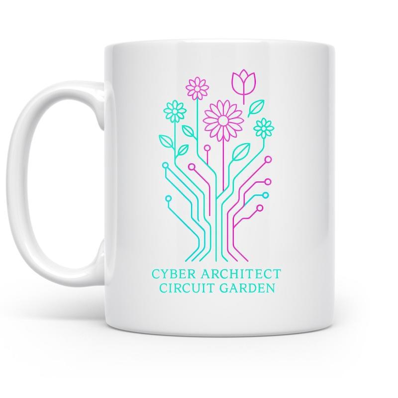 Tailorly White Ceramic 11 oz Mug - Cyber Architect Circuit Garden Vibrant Neon Circuit Lines Growing Into Stylized Geometric Digital Tech Garden
