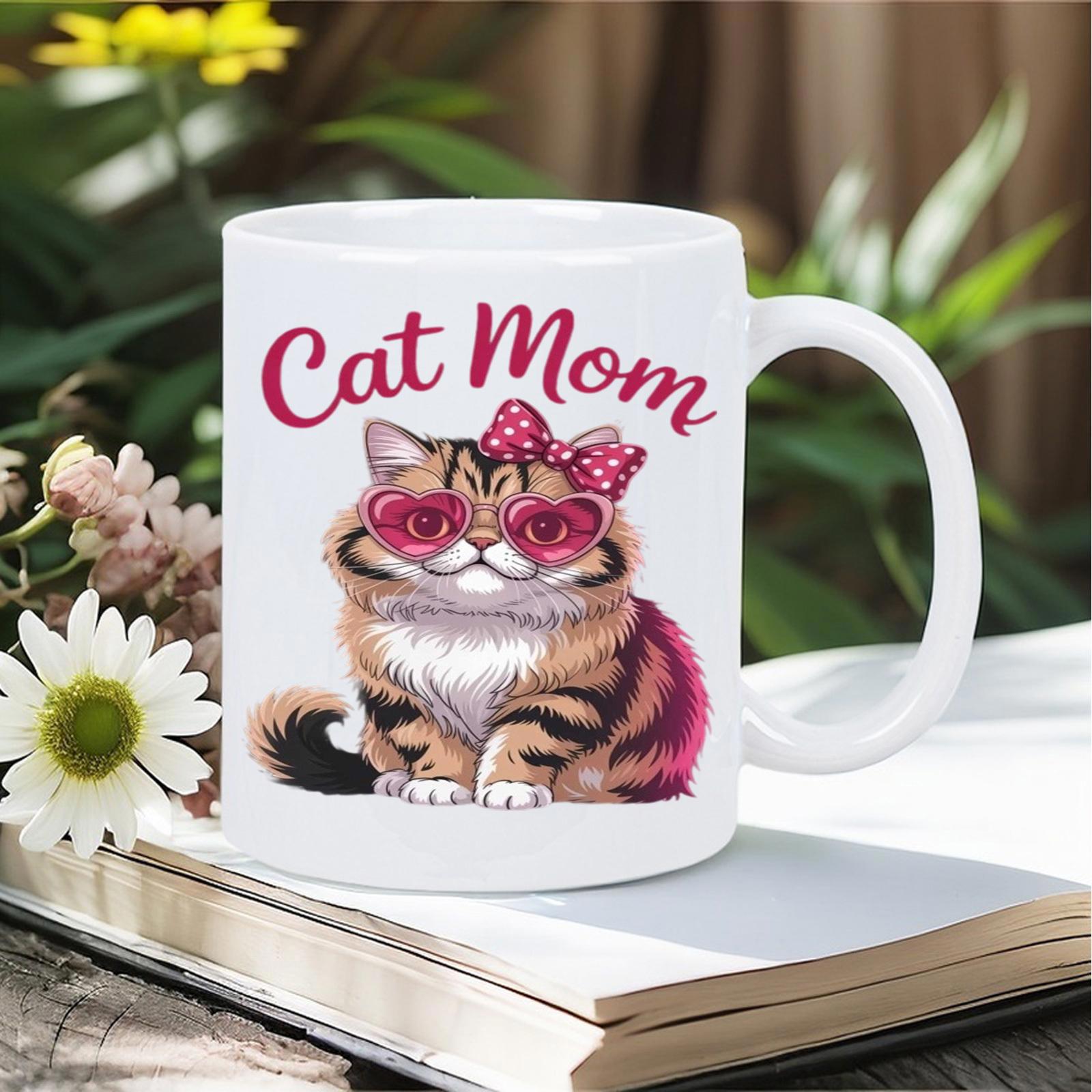 Tailorly White Ceramic 11 oz Mug - Cat Mom Adorable Fluffy Tabby Feline Wearing Pink Heart Glasses And Polka Dot Bow Cat