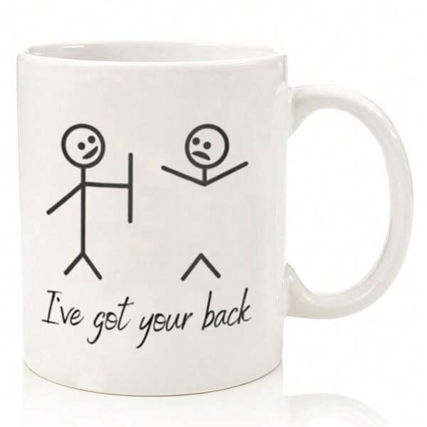 Tailorly White Ceramic 11 oz Mug - Ive Got Your Back Minimalist Black Line Drawing Of Two Funny Humorous Friendly Characters Stick Figure