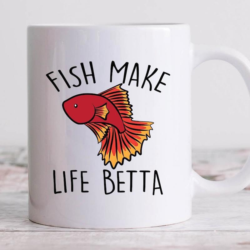 Tailorly White Ceramic 11 oz Mug - Fish Make Life Betta Vibrant Red And Yellow Exotic Fish Swimming Gracefully In Water Betta